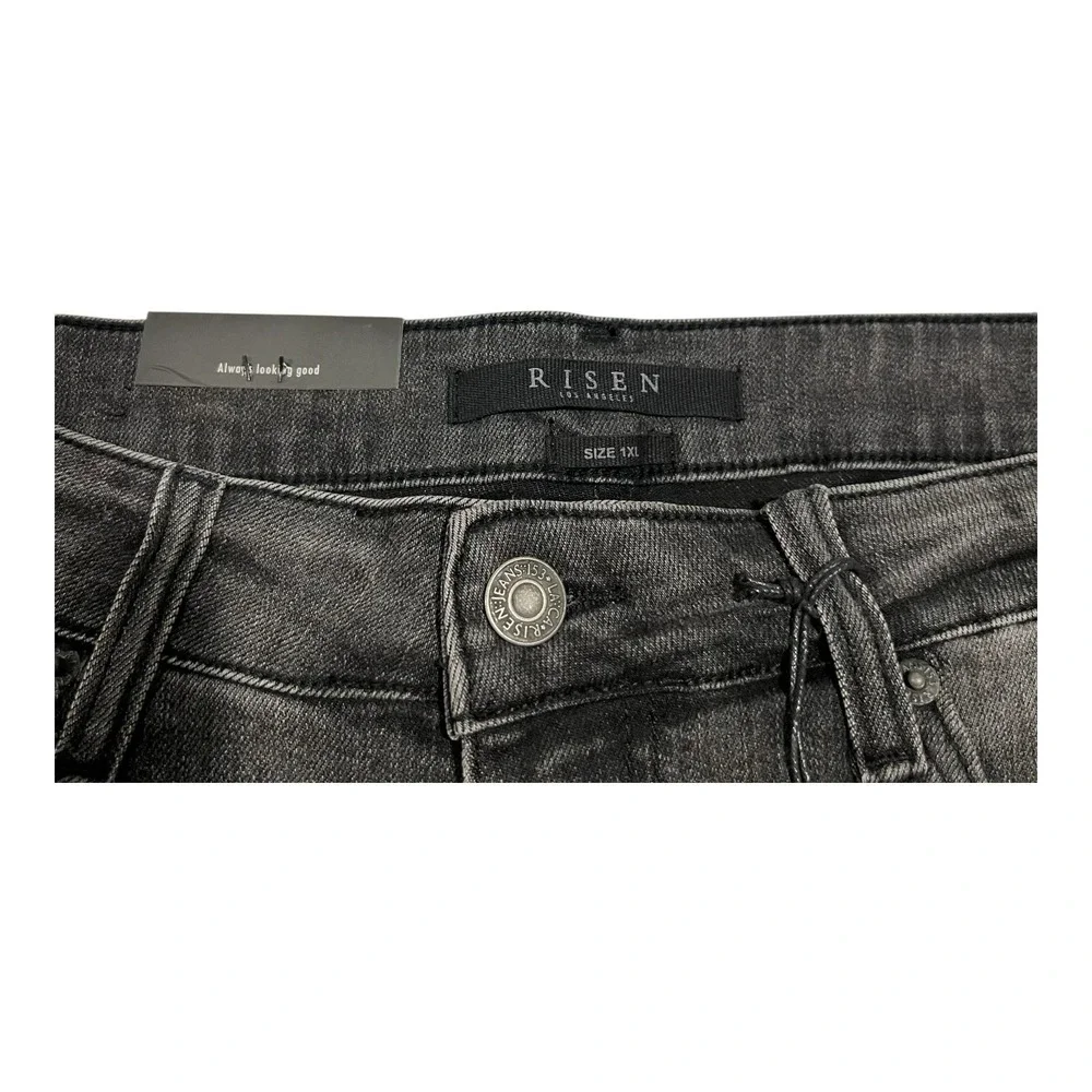 NWT Risen Womens 1XL Flare Jeans Black Acid Wash High Rise Raw Hem Stretch Denim
